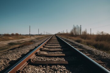 Fototapeta na wymiar Railway tracks vanishing toward blue sky. Generative AI
