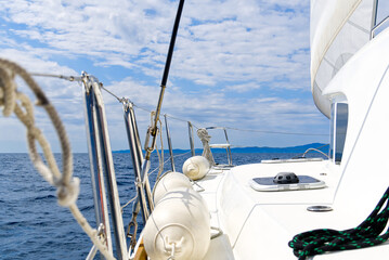 Sailboat sailing in the Mediterranean Sea at sunny summer day. Cruising luxury yacht. Vacation in...