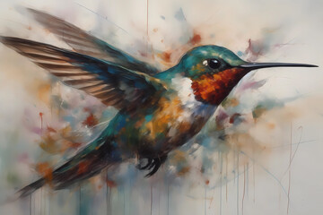 Abstract art - painting of a hummingbird as the main object - done with warm colors