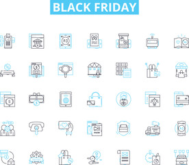 Black friday linear icons set. Deals, Discounts, Bargains, Sales, Shopping, Rush, Excitement line vector and concept signs. Savings,Steals,Crowds outline illustrations