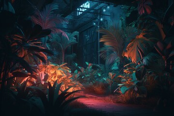 Illustration of neon lights & tropical plants. Generative AI