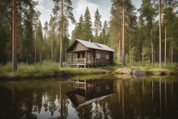 Fototapeta na wymiar Summer cabin in Finland pine forest by lake. Generative AI