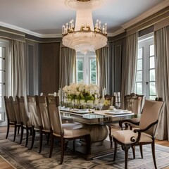 8 A traditional-style dining room with a mix of wooden and upholstered finishes, a classic chandelier, and a large, formal dining table2, Generative AI