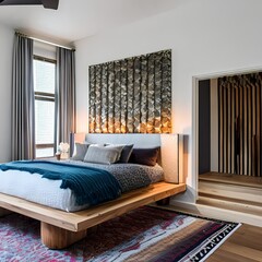 7 A bohemian-inspired bedroom with a mix of patterned and textured finishes, a low platform bed, and a mix of patterned and solid bedding4, Generative AI