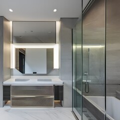 18 A contemporary, minimalist bathroom with a mix of white and metallic finishes, a large, frameless mirror, and a mix of open and closed storage1, Generative AI