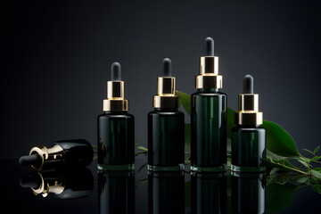 a set of cosmetic serums in glass bottles, each with a pipette, set against a dark background adorned with lush green leaves. 