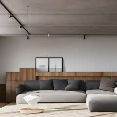 1 A modern, minimalist living room with a mix of white and wood finishes, a low, sectional sofa, and a large, abstract painting1, Generative AI
