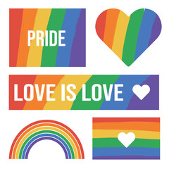 Set of LGBTQ icons and symbols. Heart in LGBTQ colors, love is love, LGBTQ rainbow vector
