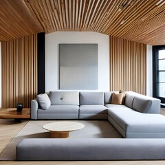 1 A modern, minimalist living room with a mix of white and wood finishes, a low, sectional sofa, and a large, abstract painting5, Generative AI