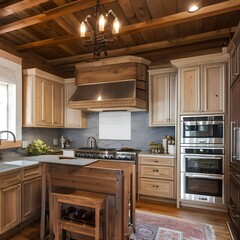 15 A cozy, cottage-inspired kitchen with a mix of wooden and floral finishes, a classic range hood, and a mix of open and closed storage4, Generative AI