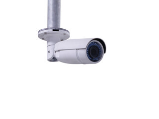 White CCTV security camera isolated in white background. Safety monitoring, Digital security camera technology concept of surveillance monitoring for safety.