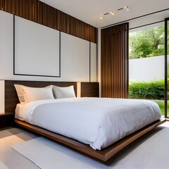 3 A contemporary, minimalist bedroom with a mix of white and wooden finishes, a low platform bed, and a large, abstract painting3, Generative AI