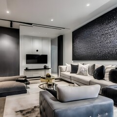 1 A chic, modern living room with a mix of white and black finishes, a low sectional sofa, and a large, statement art piece1, Generative AI