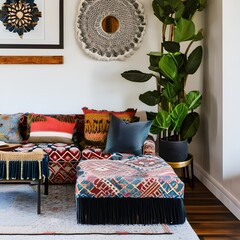 7 A bohemian-inspired living room with a mix of patterned and textured finishes, a low sectional sofa, and a mix of patterned and solid throw pillows4, Generative AI