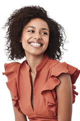 Smile, fashion and happy black woman relax on isolated, transparent and png background. Cheerful,...