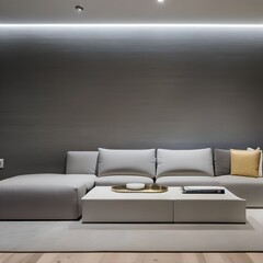 14 A contemporary, minimalist living room with a mix of white and metallic finishes, a low sectional sofa, and a large, abstract painting3, Generative AI