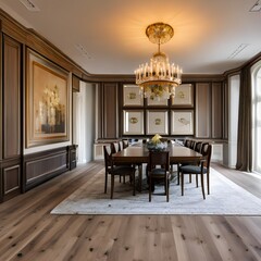 13 A traditional-style dining room with a mix of wooden and upholstered finishes, a classic chandelier, and a large, formal dining table1, Generative AI