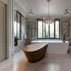 13 A traditional-style bathroom with a mix of wooden and marble finishes, a classic freestanding tub, and a mix of open and closed storage5, Generative AI