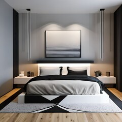 14 A contemporary, minimalist bedroom with a mix of white and black finishes, a low platform bed, and a large, statement art piece4, Generative AI