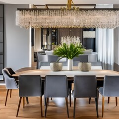 5 A mid-century modern-inspired dining room with a mix of wood and upholstered finishes, a classic chandelier, and a large, formal dining table3, Generative AI