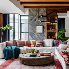 7 A bohemian-inspired living room with a mix of patterned and textured finishes, a low sectional sofa, and a mix of patterned and solid throw pillows5, Generative AI
