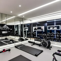 7 A sleek, modern-style home gym with a mix of white and black finishes, a large wall-mounted mirror, and a mix of workout equipment4, Generative AI
