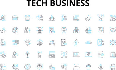 Tech business linear icons set. Innovation, Disruption, Start-up, Automation, Software, Hardware, Cybersecurity vector symbols and line concept signs. Data,Augmented Reality,Virtual Reality