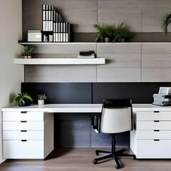 7 A sleek, modern-style home office with a mix of white and black finishes, a large, wall-mounted desk, and a mix of open and closed storage3, Generative AI