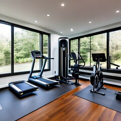 Fototapeta na wymiar 7 A sleek, modern-style home gym with a mix of white and black finishes, a large wall-mounted mirror, and a mix of workout equipment2, Generative AI