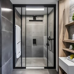 4 A contemporary, industrial-inspired bathroom with a mix of concrete and metal finishes, a large, frameless shower enclosure, and a mix of open and closed storage3, Generative AI