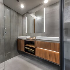 4 A modern, industrial-inspired bathroom with a mix of concrete and wood finishes, a large, frameless shower enclosure, and a mix of open and closed storage3, Generative AI