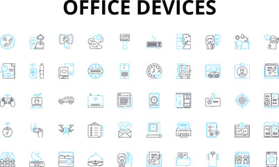 Office devices linear icons set. Printer, Scanner, Copier, Fax, Mouse, Keyboard, Monitor vector symbols and line concept signs. Laptop,Computer,Printer cartridge illustration