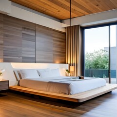 16 A sleek, modern-style bedroom with a mix of white and wood finishes, a low platform bed, and a large, statement pendant light4, Generative AI