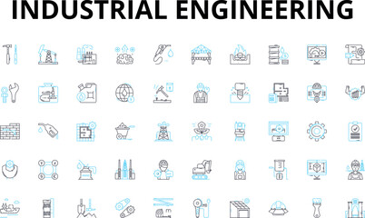 Industrial engineering linear icons set. Manufacturing, Optimization, Automation, Logistics, Quality, Design, Material vector symbols and line concept signs. Production,Ergonomics,Supply illustration