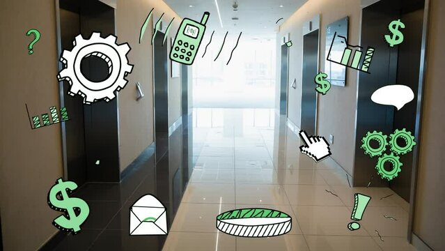 Animation of office business icona and data processing over office