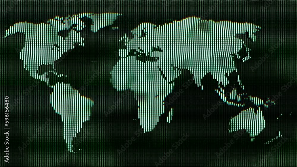 Poster earth map logo pixel screen animation. futuristic dot texture build up with ping