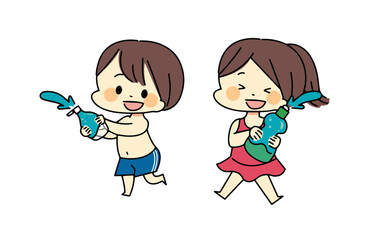 空の容器で水遊びをする子供たちのイラスト