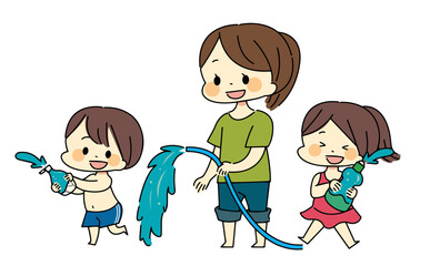 空の容器で水遊びをする子供たちと女性のイラスト