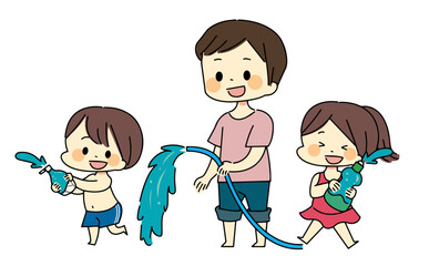 空の容器で水遊びをする子供たちと男性のイラスト