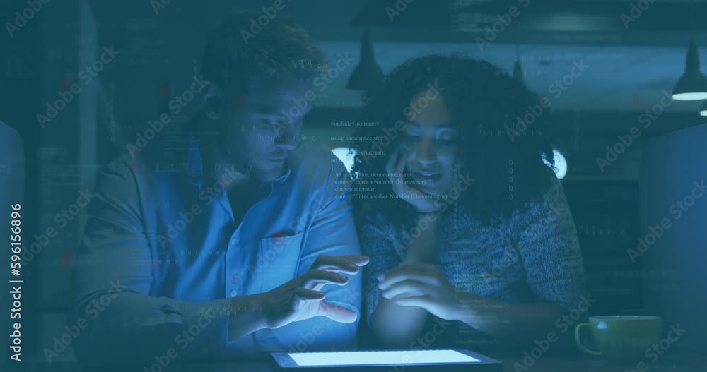 Aufkleber animation of data processing over diverse business people using tablet in office