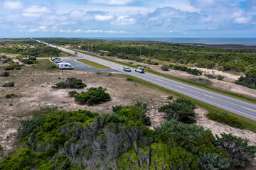 Aerial View of Hatteras Island with Cars Driving on Highway 12 in the Outer banks North Carolina