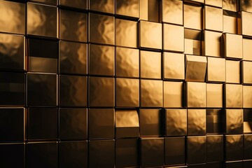 A luxurious 3D tiled wall made from square gold blocks. Created using a glossy finish. Rendered in 3D. Generative AI