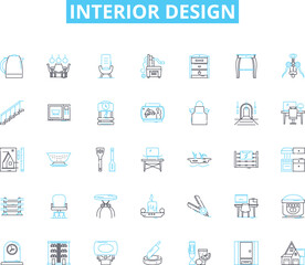 Interior design linear icons set. Aesthetics, Architecture, Color, Comfort, Contrast, Creativity, Decor line vector and concept signs. Design,Elegance,Ergonomic outline illustrations