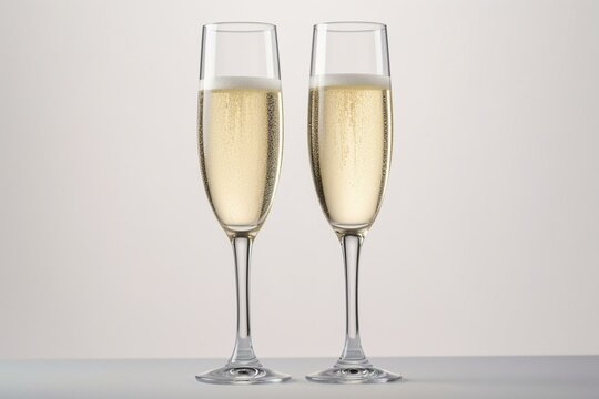 Two champagne glasses toast on a white isolated background (created by AI tool). Generative AI