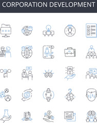 Corporation development line icons collection. Business expansion, Company growth, Entrepreneurship evolution, Enterprise progress, Firm enhancement, Startup evolution, Trade advancement vector and