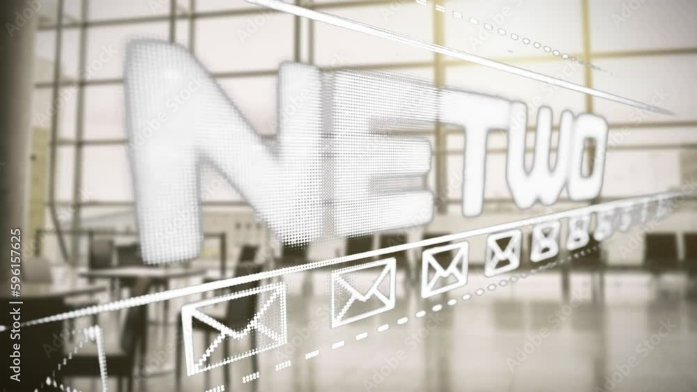Poster Animation of network text and envelope icons with data processing