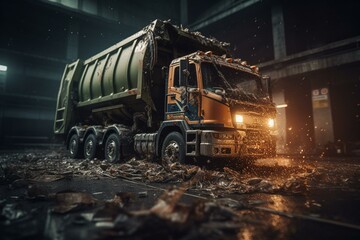 Fototapeta na wymiar Garbage truck dumps waste into recycling bin. Generative AI