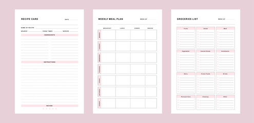 3 set of recipe card, Meal Planner and groceries list planner. Plan you food day easily. Vector illustration.