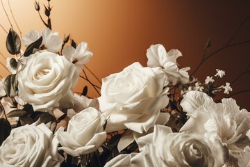 Refined flower banner featuring white roses and empty area for diverse promotion and marketing. Generative AI