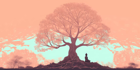 Buddha meditating under a bodhi tree. Vesak Day concept.